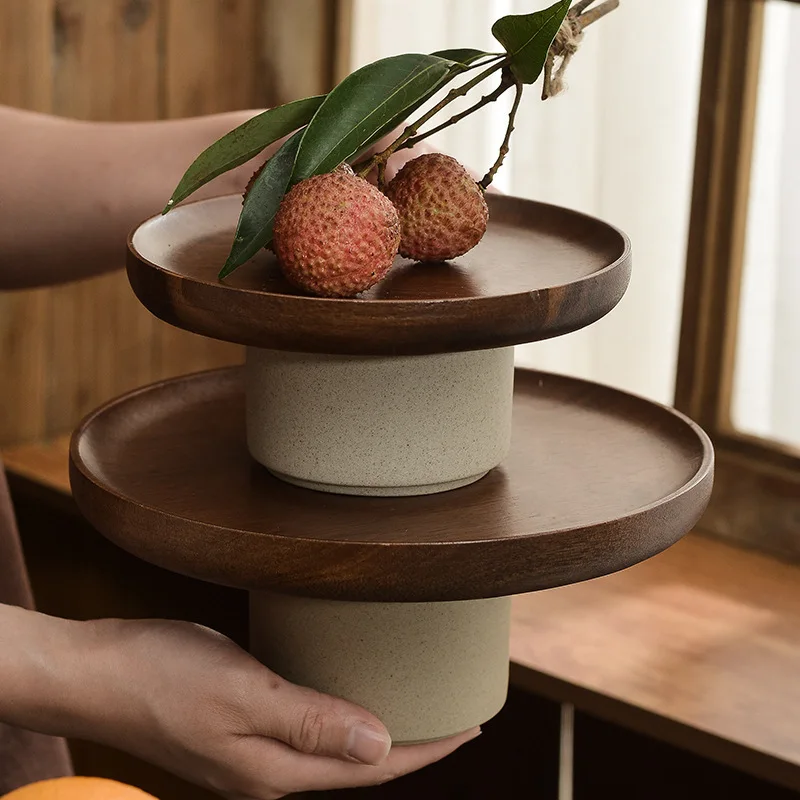 Vintage Japanese Acacia Wood Cake Tray Home Living Room Snack Plate Dessert Table Display Stand Terra Cotta Tall Fruit Plate