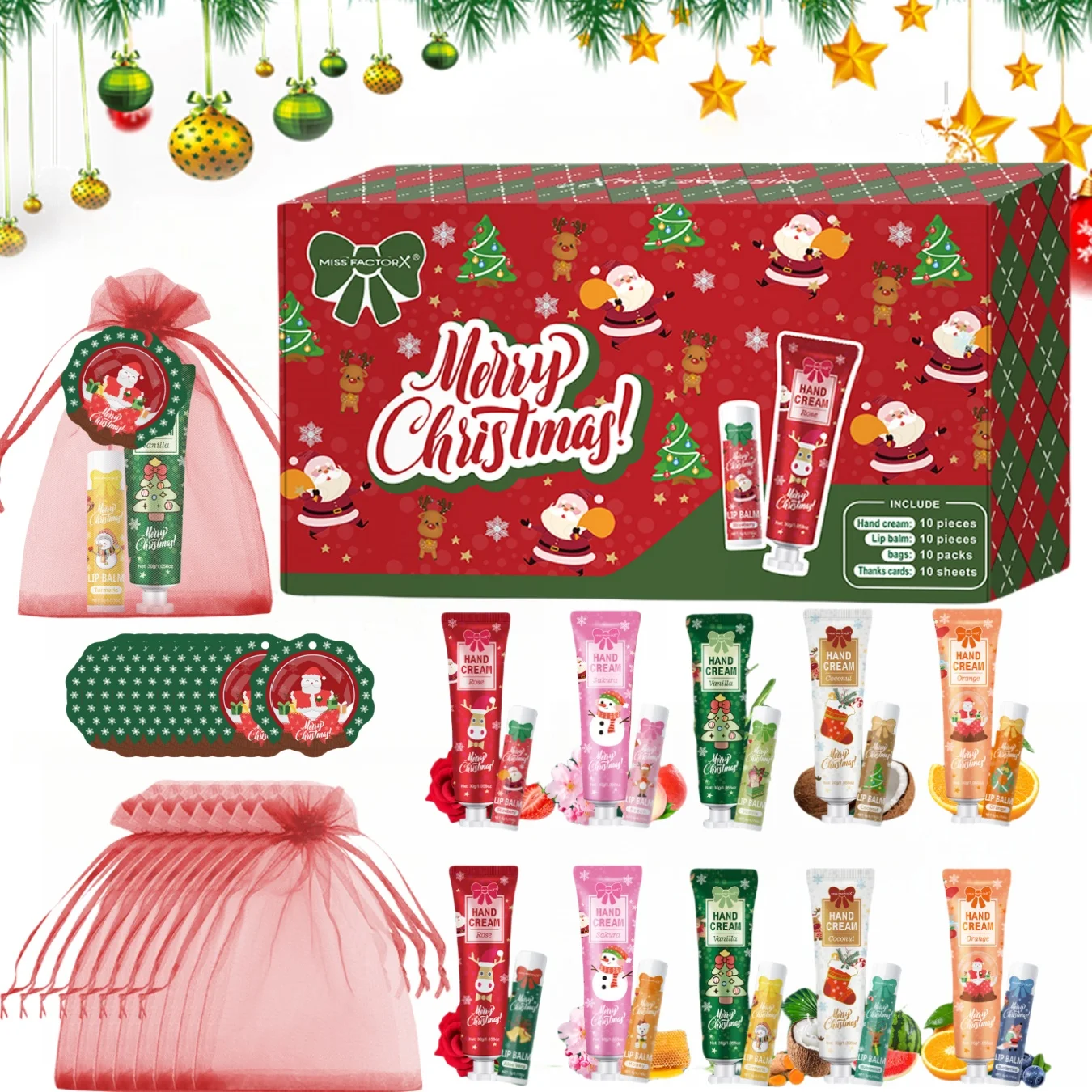 Kit navideño: 10 juegos/caja de crema de manos, juego de bálsamo labial, con tarjeta de Papá Noel y bolsa de regalo roja, distribución de regalos para fiestas