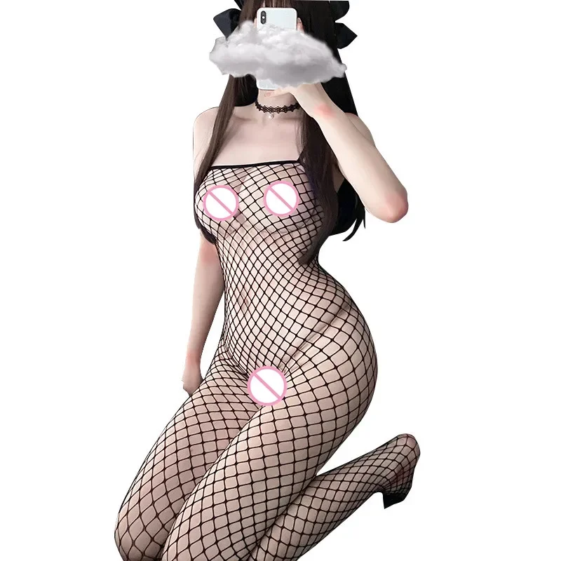 Sexy Grid Body Stockings Open Crotch Bodysuit Women\'s Sexy Tube Top Jumpsuit Fishnet Pajama Hot Ms Night Sleepwear Sexy Lingerie