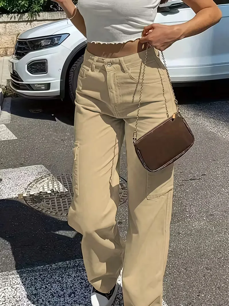 New Straight Cargo High Waist Baggy Trousers Casual Wide Leg Slim Vintage Streetwear Pocket Fashion Women Casual Pants