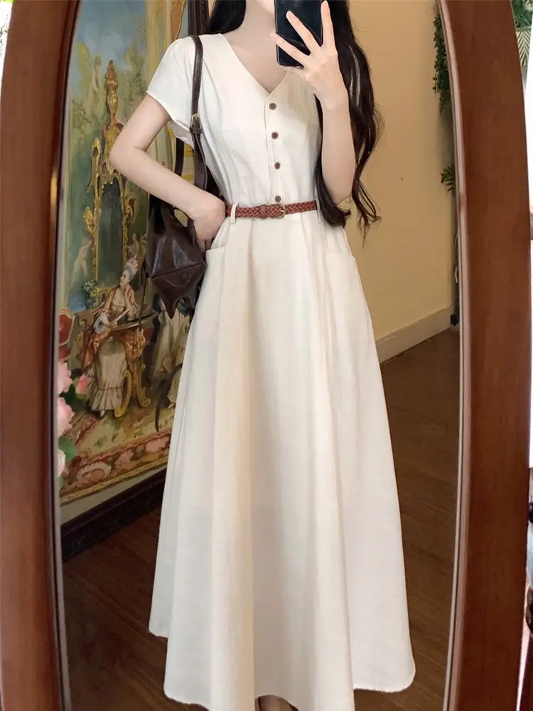 

V-Neck Front Shoulder Women Green Long A-LINE Skirts Belt Design Office Lady Solid Summer Long Dress