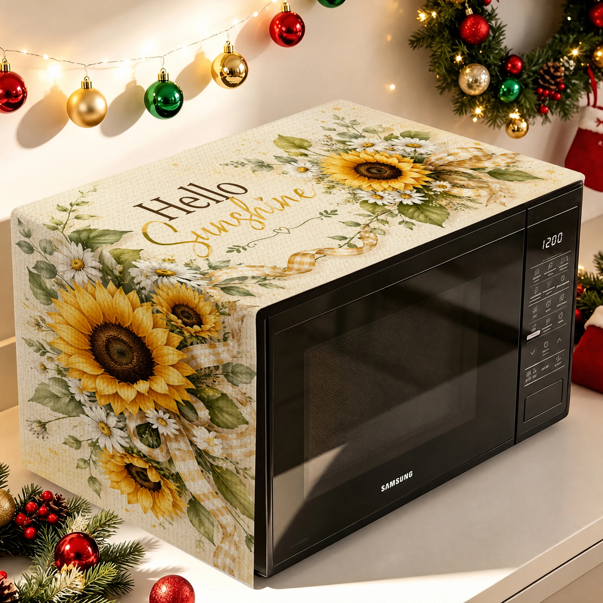 1pc Christmas Microwave Oven Cover Sunflower Lemon Olive Floral Print Waterproof Dustproof Kitchen Appliance Protector