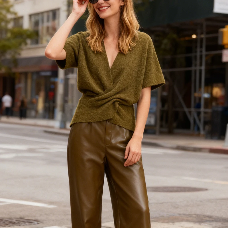 Haut en tricot noué pour femmes, col en V, manches courtes, Design Unique, adapté au travail ou aux vêtements décontractés, haut ajusté flatteur, automne