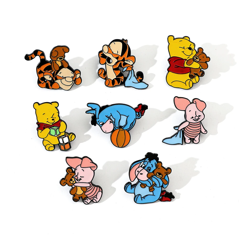 8Pcs Funny Anime Brooch Cute Pooh Bear Enamel Pin Metal Badge Jewelry Backpack Clothing Accessories Gift for friends