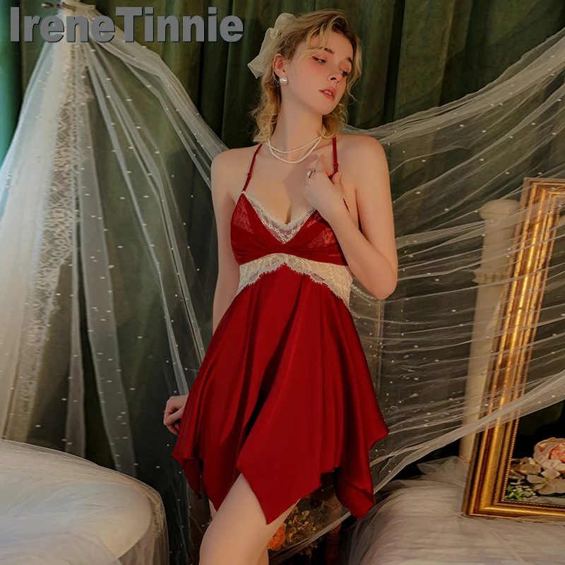 

IRENE TINNIE Fashion Lace Sleepwear Deep V Temptation Pajamas Backless Thin Satin Nightdress New Female Sexy Lingerie Mini Dress