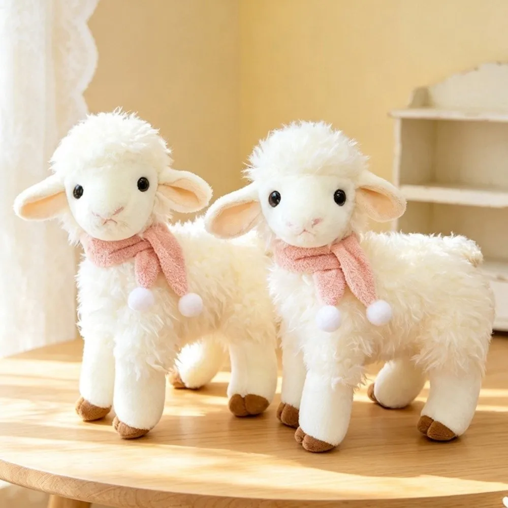 26cm 31cm Standing Sheep Plush Toy Pink Scarf Soft Curly Fur White Lamb Stuffed Doll White Pompom Standing Design