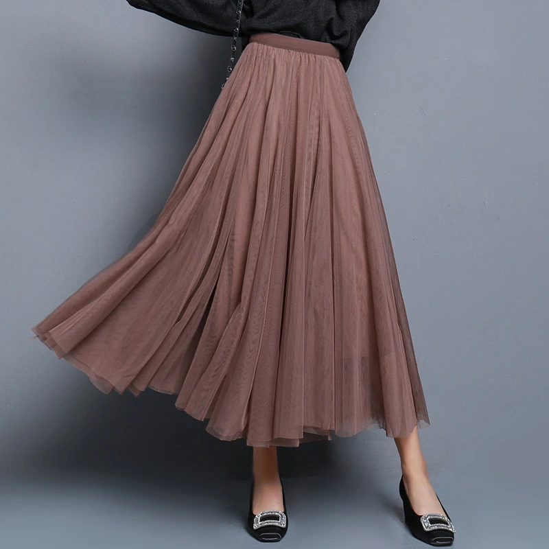 

Streetwear Summer Two-layer Mesh Skirt Women Square Dancing Big-hem Pleated Skirts Elastic Waist Casual Maxi Skirts Have Lining