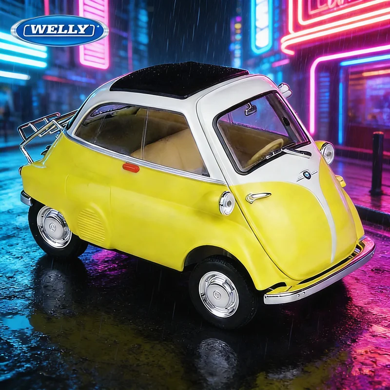 WELLY 1:18 BMW Egg Isetta Alloy Mini Car Model Diecast Metal Classic Retro Vehicle High Simulation Collection Kid Birthday Gift