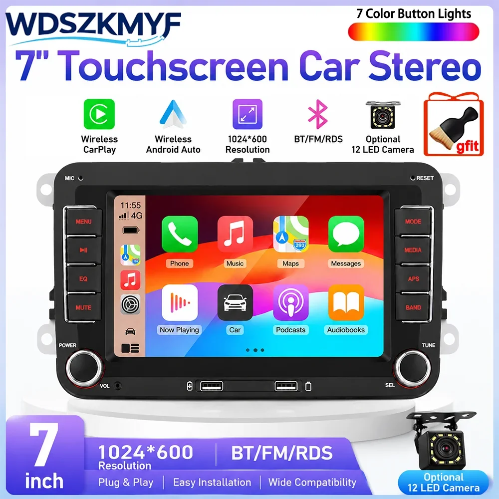 2Din 7 Inch Car Stereo Multimedia Radio Compatible with VW Passat Golf Caddy Polo Wireless CarPlay Android Auto Bluetooth FM RDS