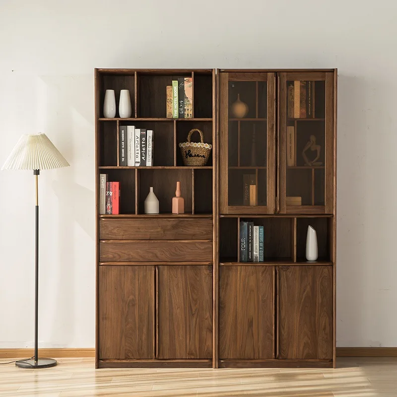 

North American black walnut floor-to-ceiling bookcase, office cabinet, modern minimalist solid wood glass, combination bookshelf