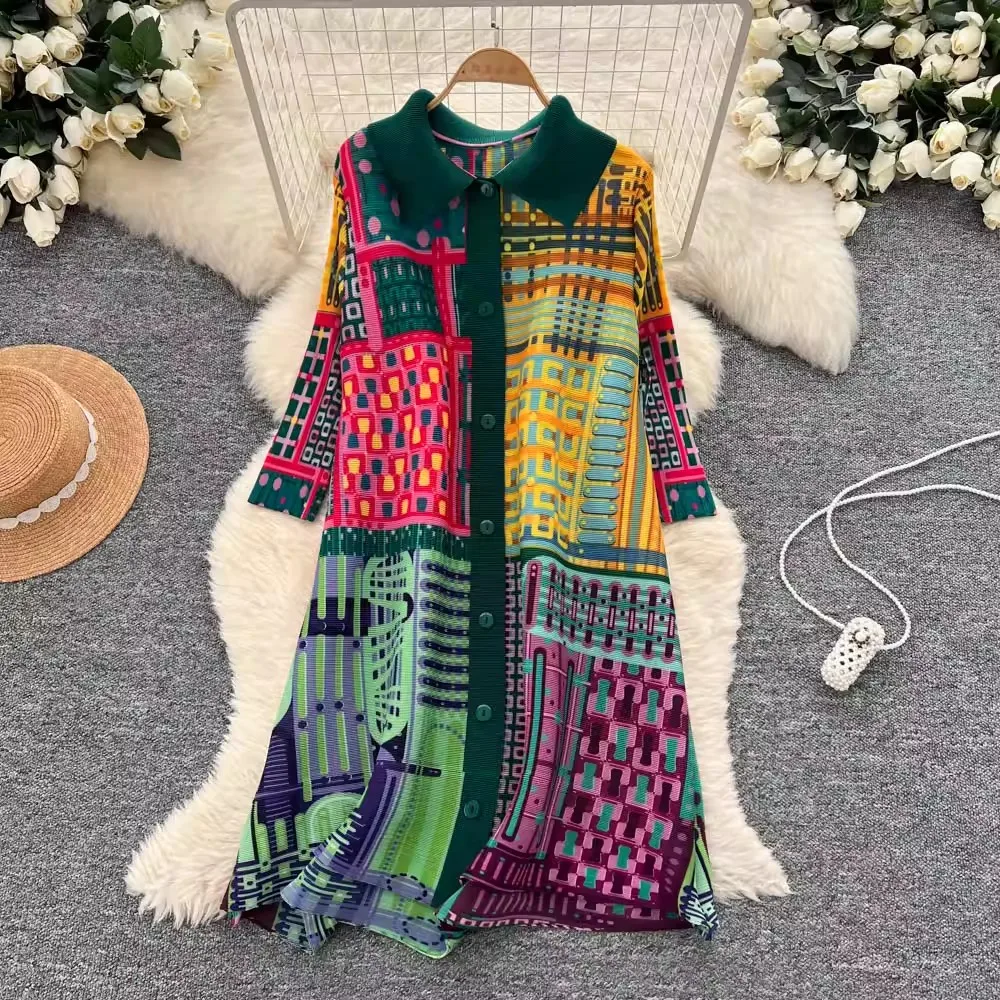 Miyake col rabattu robe plissée chemise femmes couleur bloc manches longues robes trapèze amples imprimé vêtements féminins