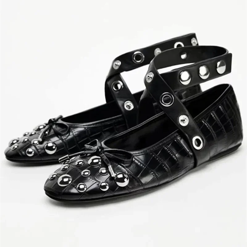 

Fashion Rivet Decoration Flats Mary Jane Shoes Women Punk Style Soft Leather Strap Ballet Designer Shoes Casual Loafers Women