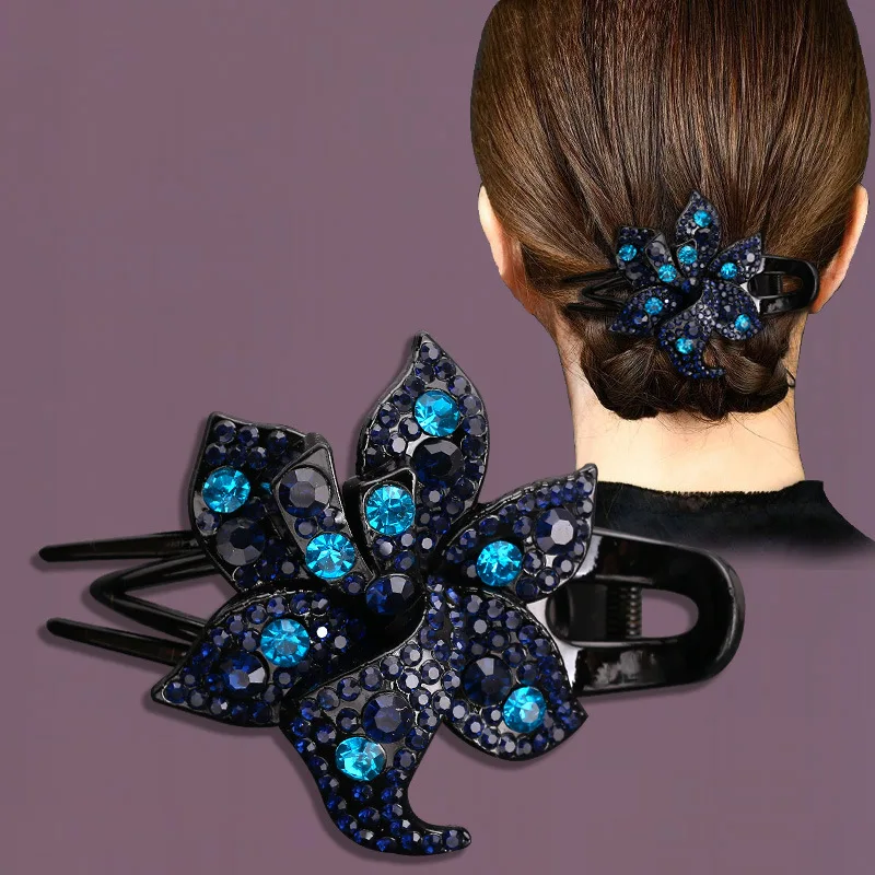 Premium Flower Large Hairpin Back Scoop Rhinestone Duck Mouth Clip Retro Pan Hair Women's Headwear