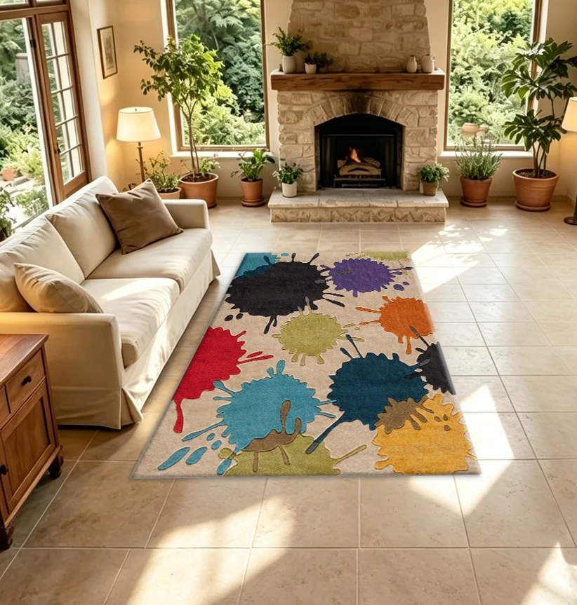 Colorful Paint-Splattered Printed Carpet, Creative Graffiti-Style Non-Slip Floor Carpet, Suitable for Living Room, Bedroom, and Home Decoration