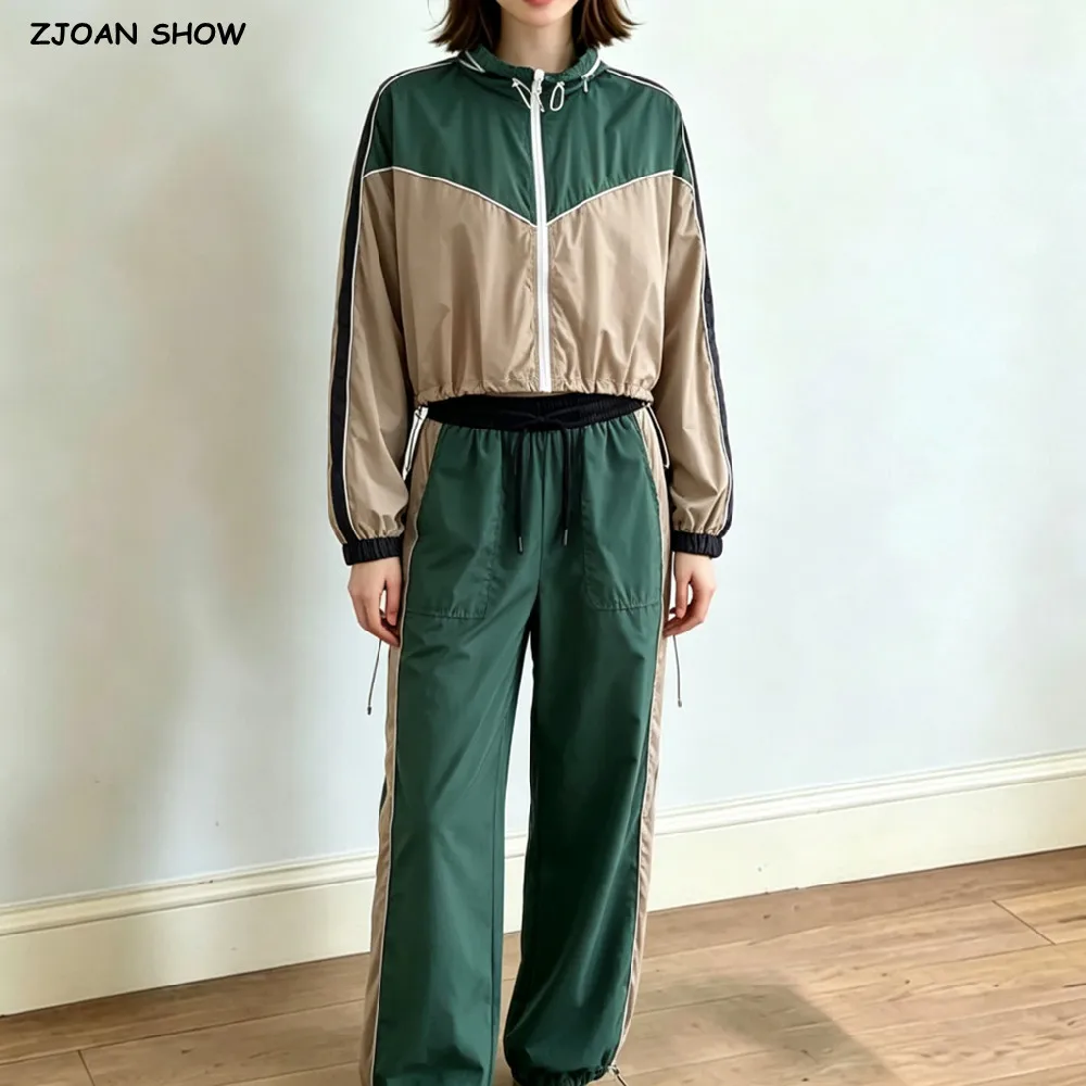 2pcs 1 Set Autumn Contrast Color Packable Hood Collar Zipper Sweatshirt Elastic Waist Pants Drawstring Rope Hem Sweats Suits