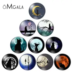 Beauty Black Cat with moon mixed 10pcs 12mm/18mm/20mm/25mm Round photo glass cabochon demo flat back Making findings
