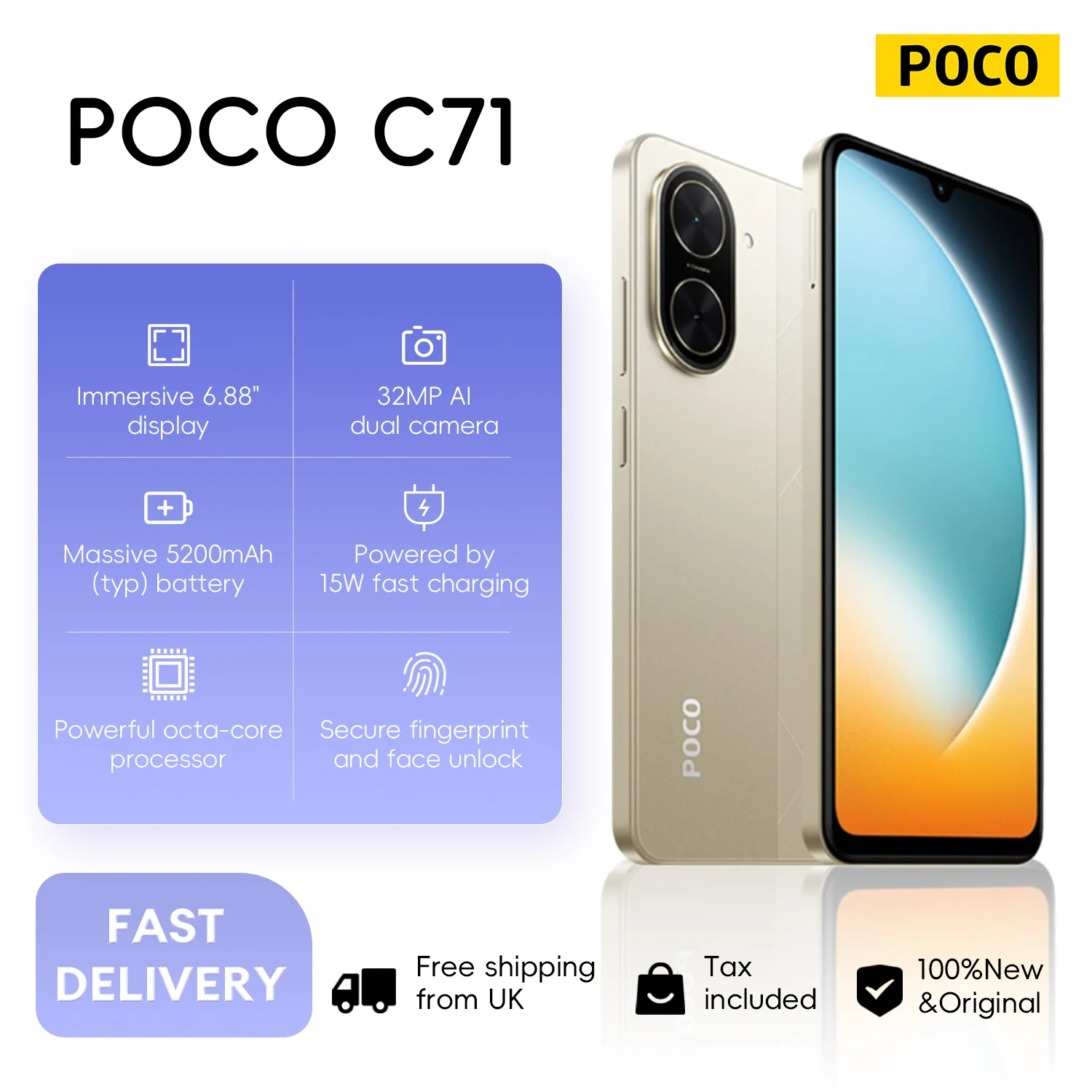 POCO C71 4G 3+64GB Global Version 6.88" 120Hz Screen Powered by a UNISOC T7250 Processor 32MP AL Dual Camera 5200mAh Battery