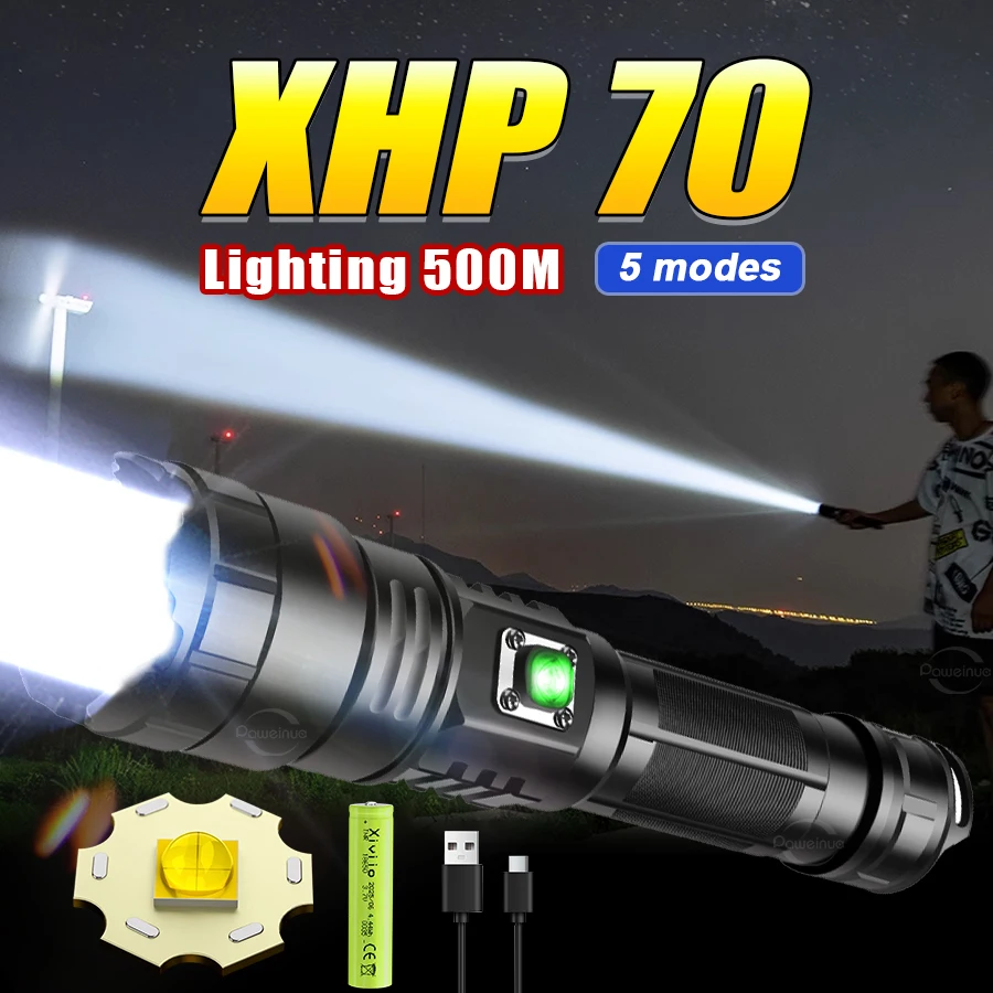 

High Power XHP70 Flashlight USB Rechargeable LED Torch 5Mode Ultra Bright Flashlight Telescopic Zoom Hunting and Hiking Lighting