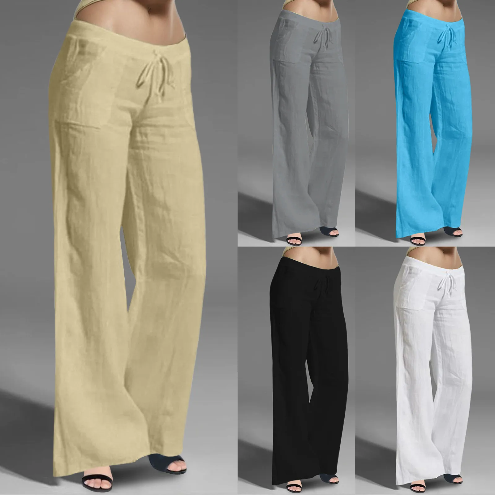 Spring Summer Solid Color Loose Pants 2024 Fashion Women Long Wide Cotton Elastic Waist Casual Solid Pants Drawstring Pants