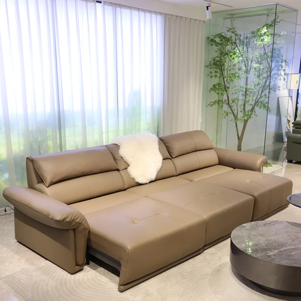 Minimalist Top Layer Leather Electric Multifunctional Living Room Dual-Use Automatic Retractable Sofa