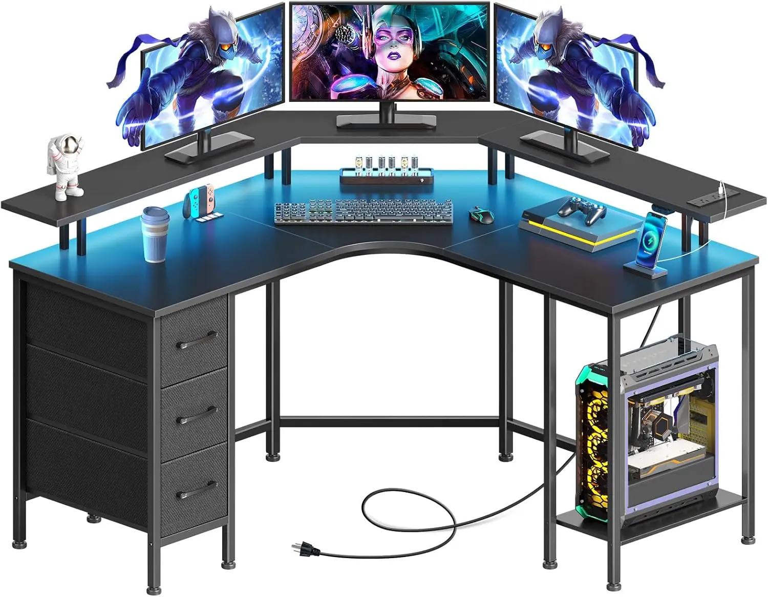 Seatable corner table with power socket and 3 drawers, 44.6-inch gaming table with LED lights and storage rack