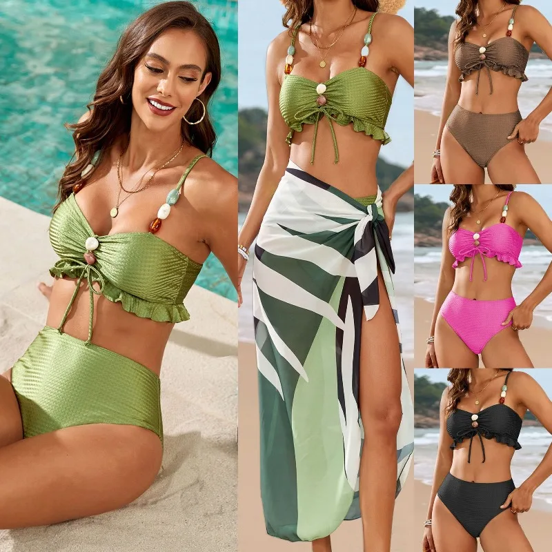 

Sexy Bead Tying Rope Bikini Set Women 2025 Green Pleate Ruffles High Waist Swimsuit Beach Bathing Suit Skirt 3 Piece Swimwear