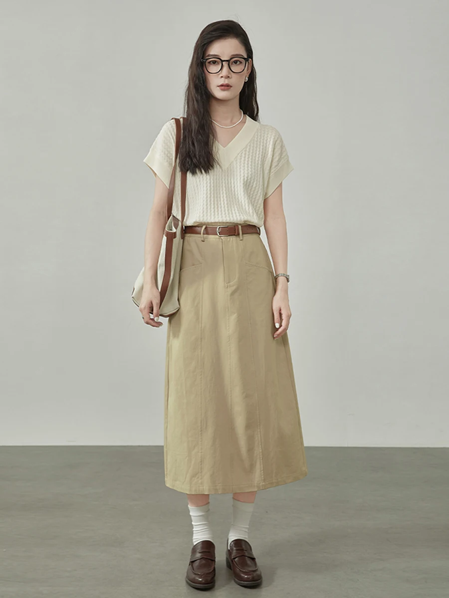 

Khaki High Waist A-Line Midi Skirt Women's Summer 2026 New Draping Versatile Casual Slimming Umbrella Skirt Elegant Atmosphere