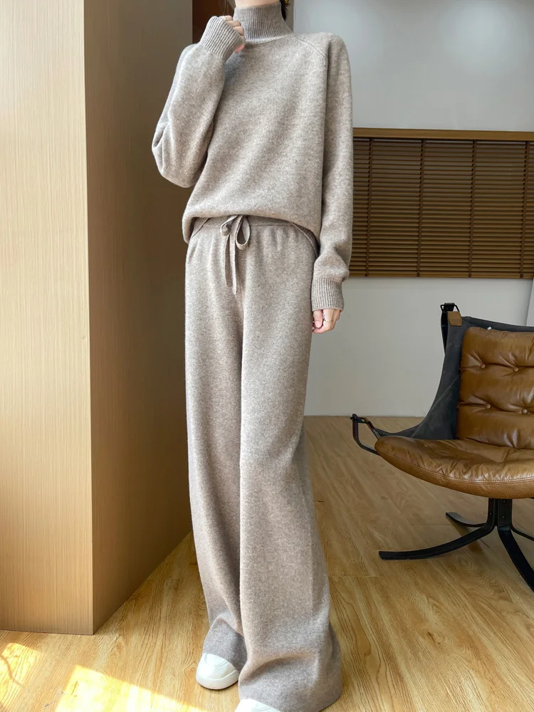 Two Piece Set 100% Wool Gray Series Elements Women\'s winter Loose Casual Knitted High Collar Sweater Wide Leg Pants Fashion Suit