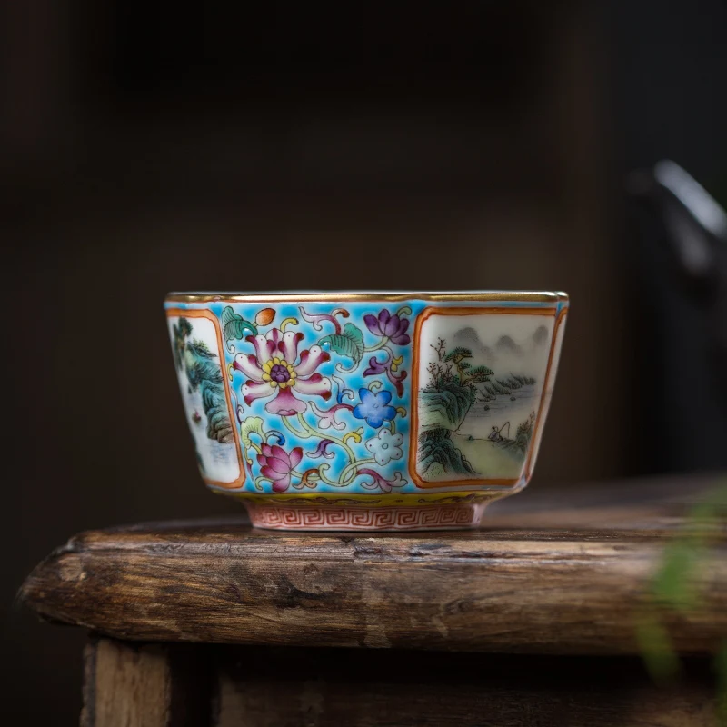 

Yuyao Jingdezhen Heavy Industry Enamel Landscape Tea Set Spring, Summer, Autumn and Winter Hexagonal Master Tea Cup Kung Fu Tea