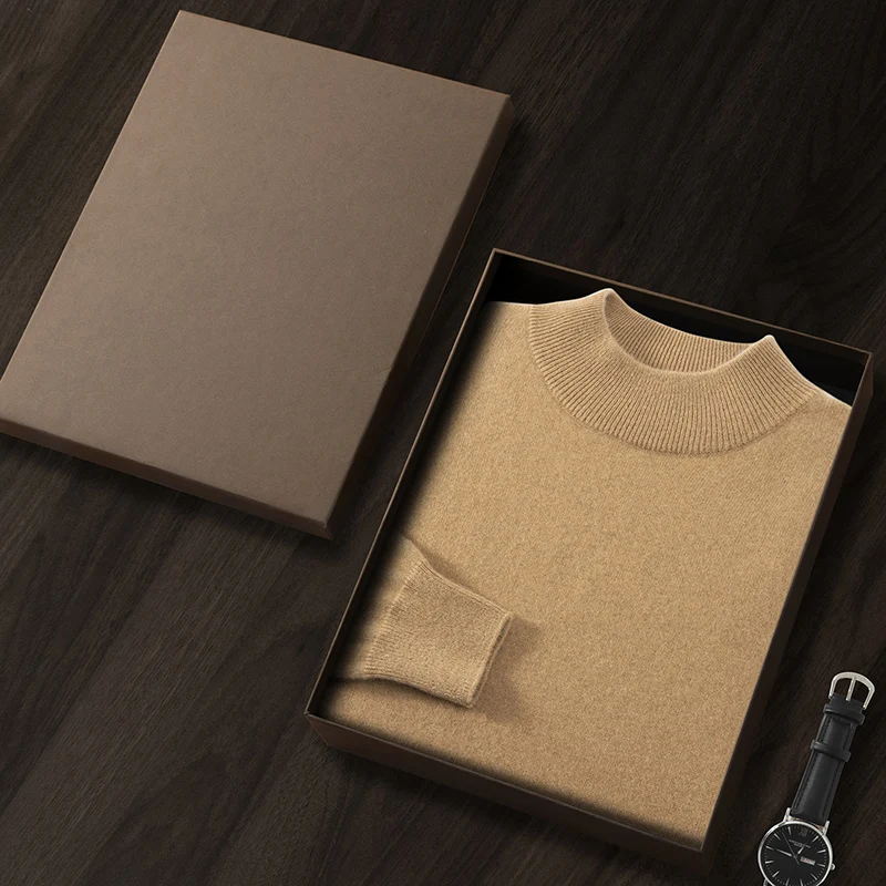 

100% cashmere men's pullover business casual solid color knitted sweater loose Pull Mock Neck collar Tops basic versatile Jumper