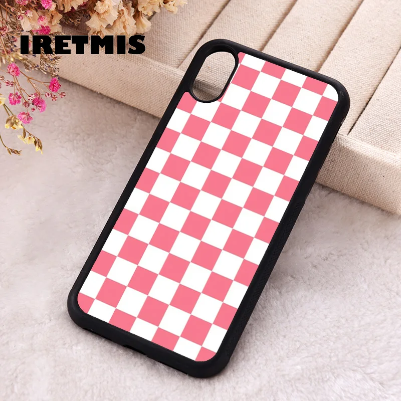 Iretmis phone cover cases for iphone 6 6S 7 8 Plus X Xs Max XR 11 12 13 MINI 14 15 Pro Silicone Pink + White Checkerboard