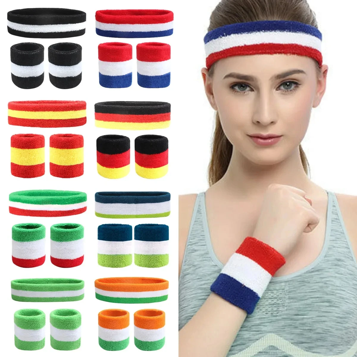 3Pcs Rainbow Color Stripe Sweatband Moisture Wicking Summer Sport Headband Wristband for Fitness Running Yoga Football Athletics