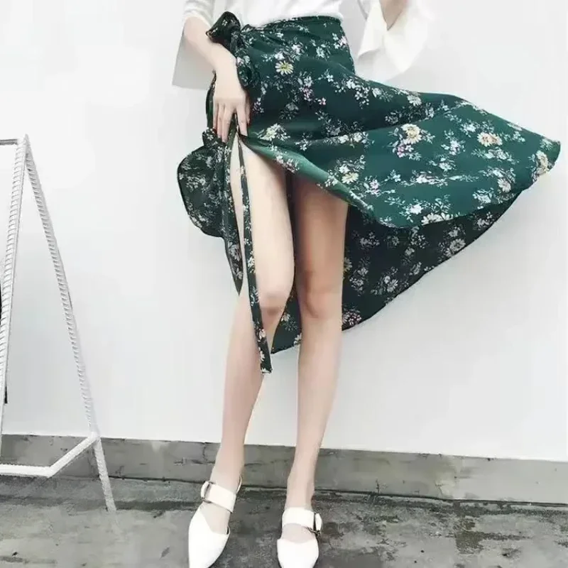 Women Floral Print Skirt Side Tie Beach Summer High Waist Wrap Flower Long Skirt with Slit Y2k