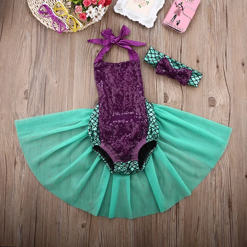 Baby\'s Clothes Girls Summer Clothes Set Sleeveless Lace-up Mermaid Romper Tulle Tutu Skirt Headband 2Pcs Casual Beach Outfits