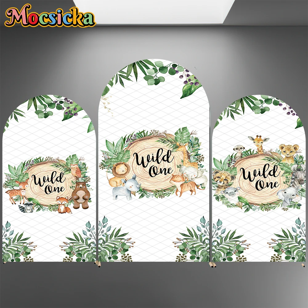 

Mocsicka Birthday Arch Cover Backdrop Animal Kid Baby Shower Photo Arched Background Stump Green Leaves Wild One Decor Photocall