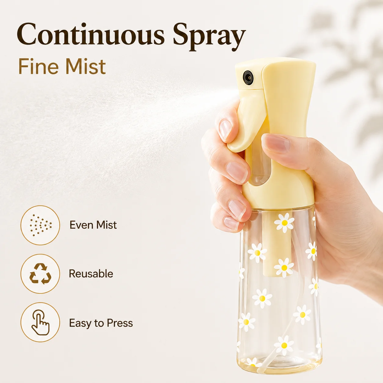 Daisy Fine Mist Spray Bottle, Refillable Continuous Water Mister for Hair Styling Plants Beauty Cleaning Travel