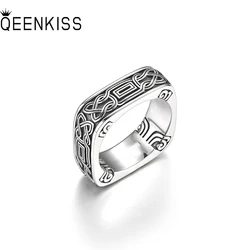 QEENKISS 925 Sterling Silver Vintage Square Rings for Men Male Birthday Wedding Party Christmas Father Boyfriend Gifts RG7028