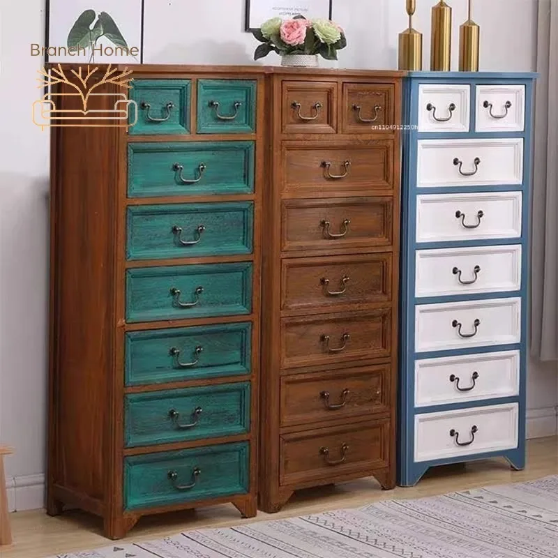 No-Assembly Retro Bedside Cabinet, Vintage Dresser with 4 Drawers, Slim Storage Chest for Living Room & Bedroom