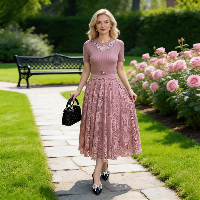 

Miyake Pleated Dress Women's 2026 New Fashion Lace Splicing Fake Two-piece Round Neck Short-sleeved Elegant Mid-length Skirt