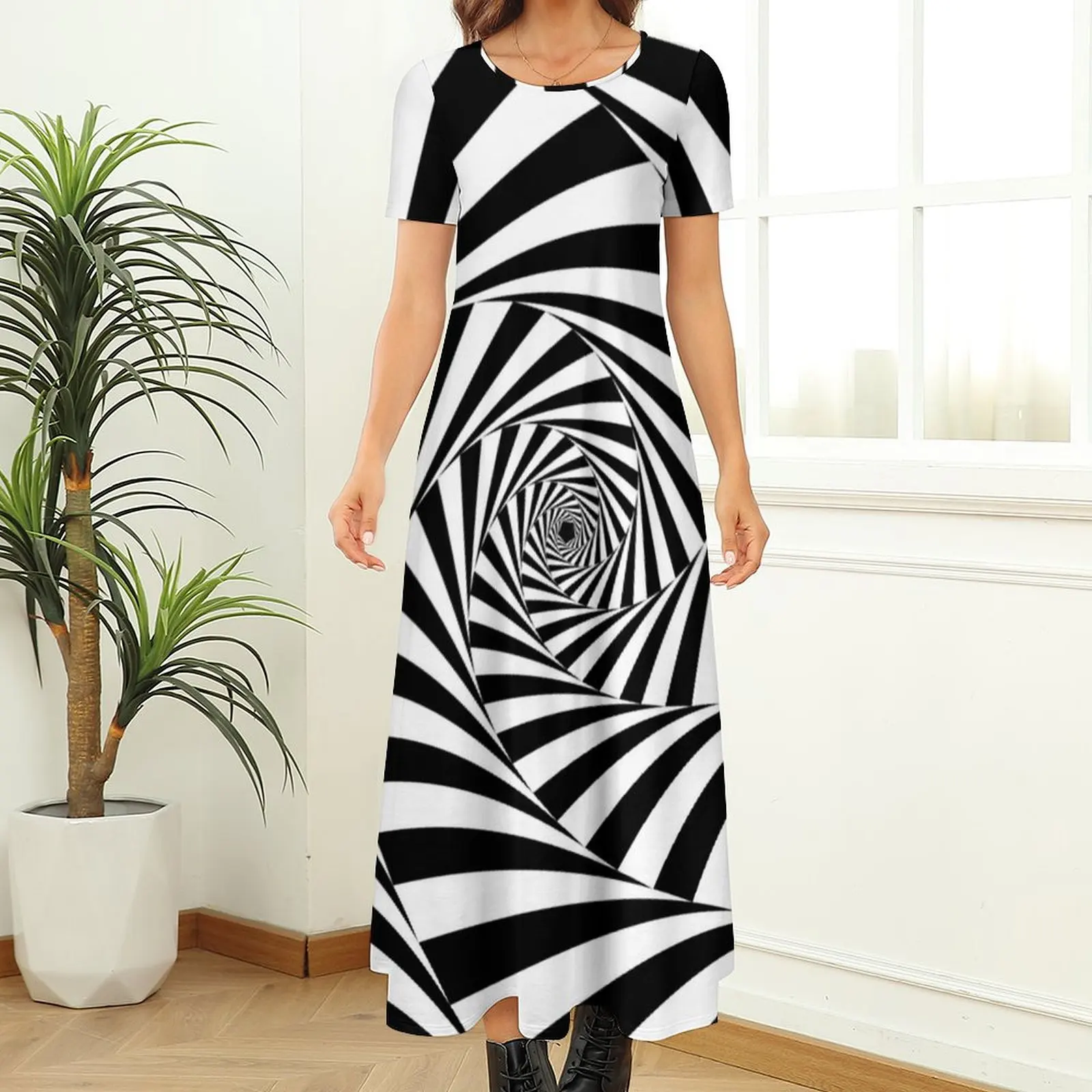 Black And White Eyes Optical Illusion Dress Aperture Spiral Abstract Vintage Maxi Dress Street Style Boho Beach Long Dresses