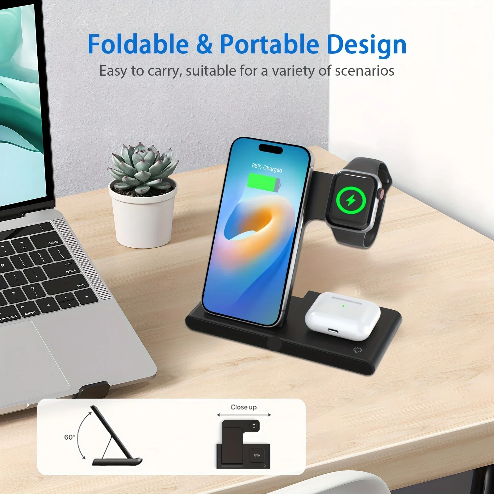 Portable 3 In 1 Fast Wireless Charger, FoldableFor IPhone 15 14 Pro Max 13 12, For IWatch 9 8 7 6 5 4 3 2 Se, For Airpods 3 Pro2