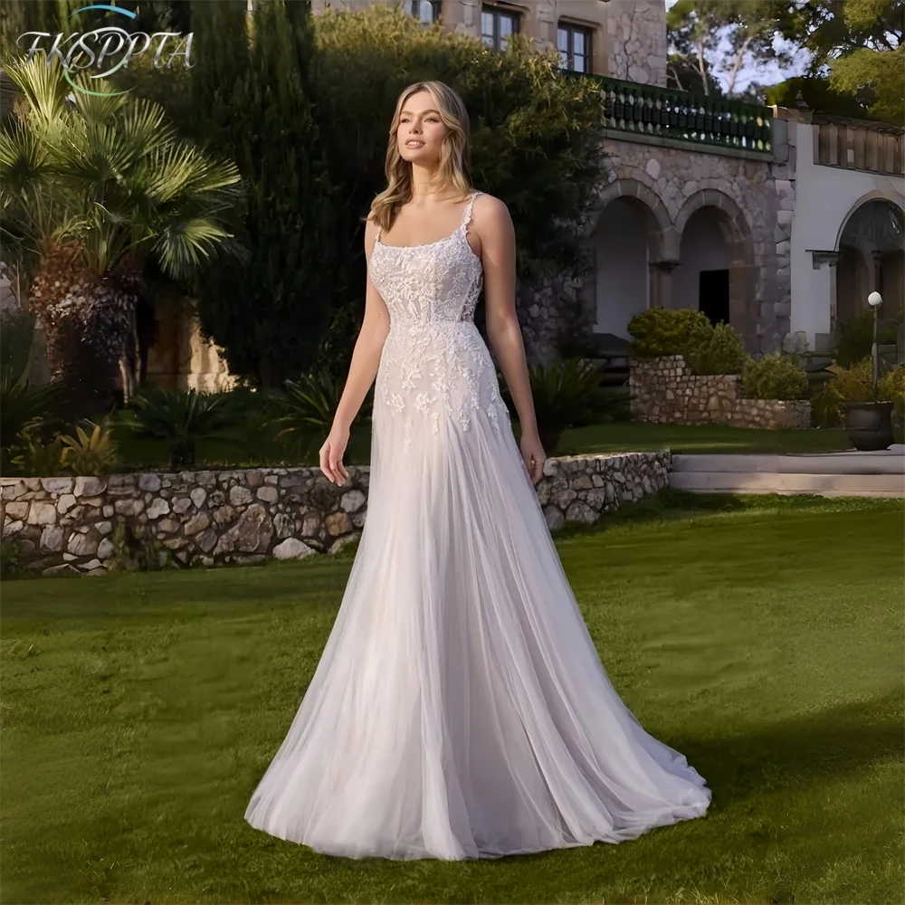 Stunning Long Tulle Wedding Dresses A Line Visible Backless Chic Beading Appliques 2026 Plus Size Wedding Gowns For Bride