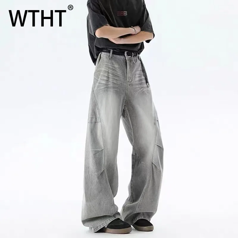 

WTHT модные летние мужские плиссированные джинсовые брюки с градиентом 2024, винтажные прямые широкие джинсы в американском стиле, мужские 2A1123