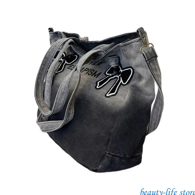 

Vintage Embroidery Denims Shoulder Bag with Contrast Color for Daily Essential 517D