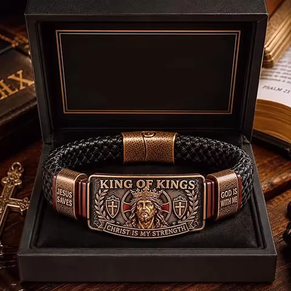 Fashion Braided Leather Decorative Bracelet King of Kings Faith Bracelet Religious Inspirational Wristband Gift for Men Husband