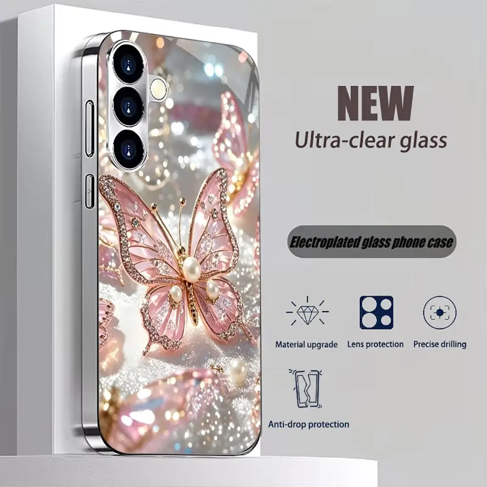 Pearl diamond pink butterfly TPU glass phone case for Samsung Galaxy S26 S25 S24 S23 S22 S21FE,Ultra,Plus Super-strong protectio