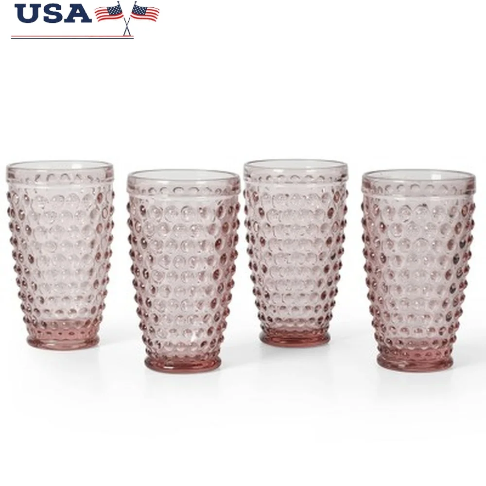 

Handmade Glass Tumblers Set 4pk 14.3oz Dishwasher-Safe Vintage Hobnail Design Elegant Drinkware Cold Beverages