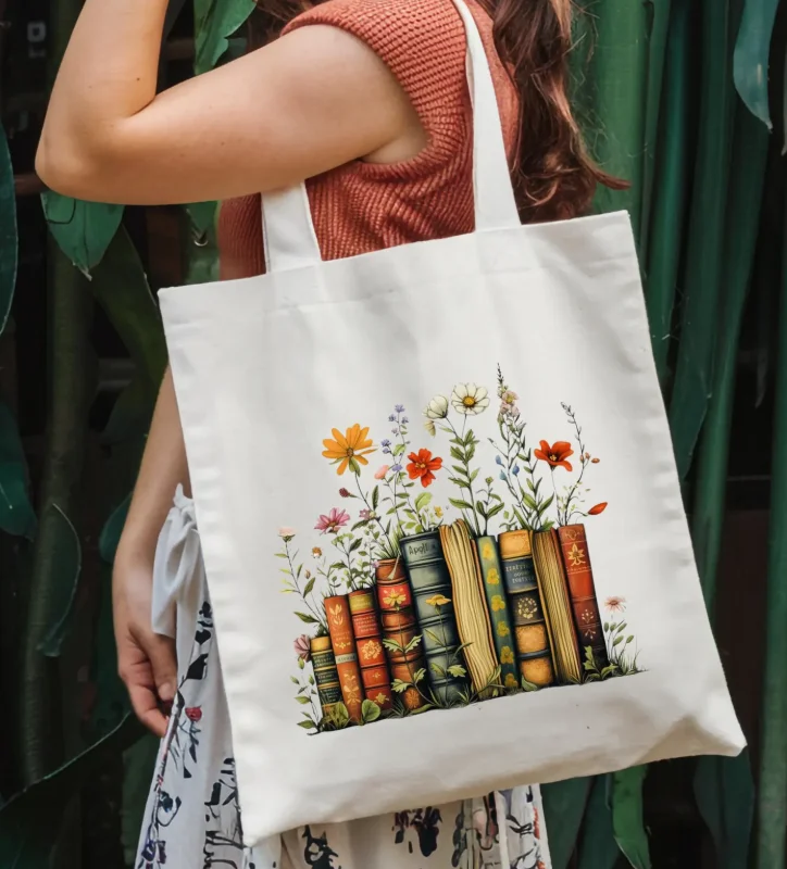Vintage Book Stack Flower Botanical Canvas Tote Handbag, Book Lover Reading Gift Reusable Handbag for Student Women Girls White