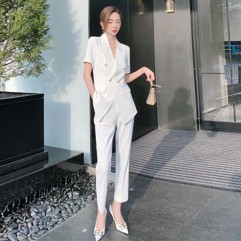 

OL Career Lady Korean Style Short Sleeve Suit Jacket High Waist Nine-Piece Pants Casual Set Women's Fashion Ensemble