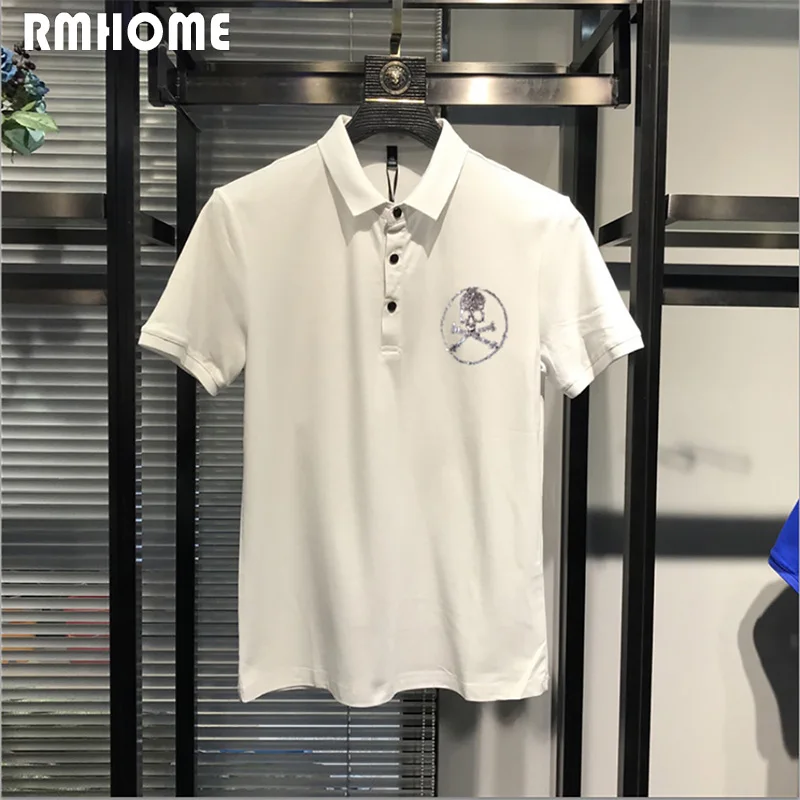 Men\'s Lapel T-shirt Polo Skull Handsome Rhinestone Design Short Sleeved Tops Cotton Summer Fashion Clothing Hip-hop Streetwear